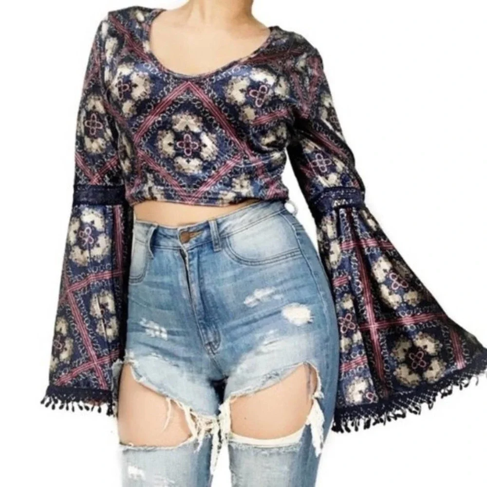 Band of Gypsies Velvet Crop Top Trumpet Sleeves